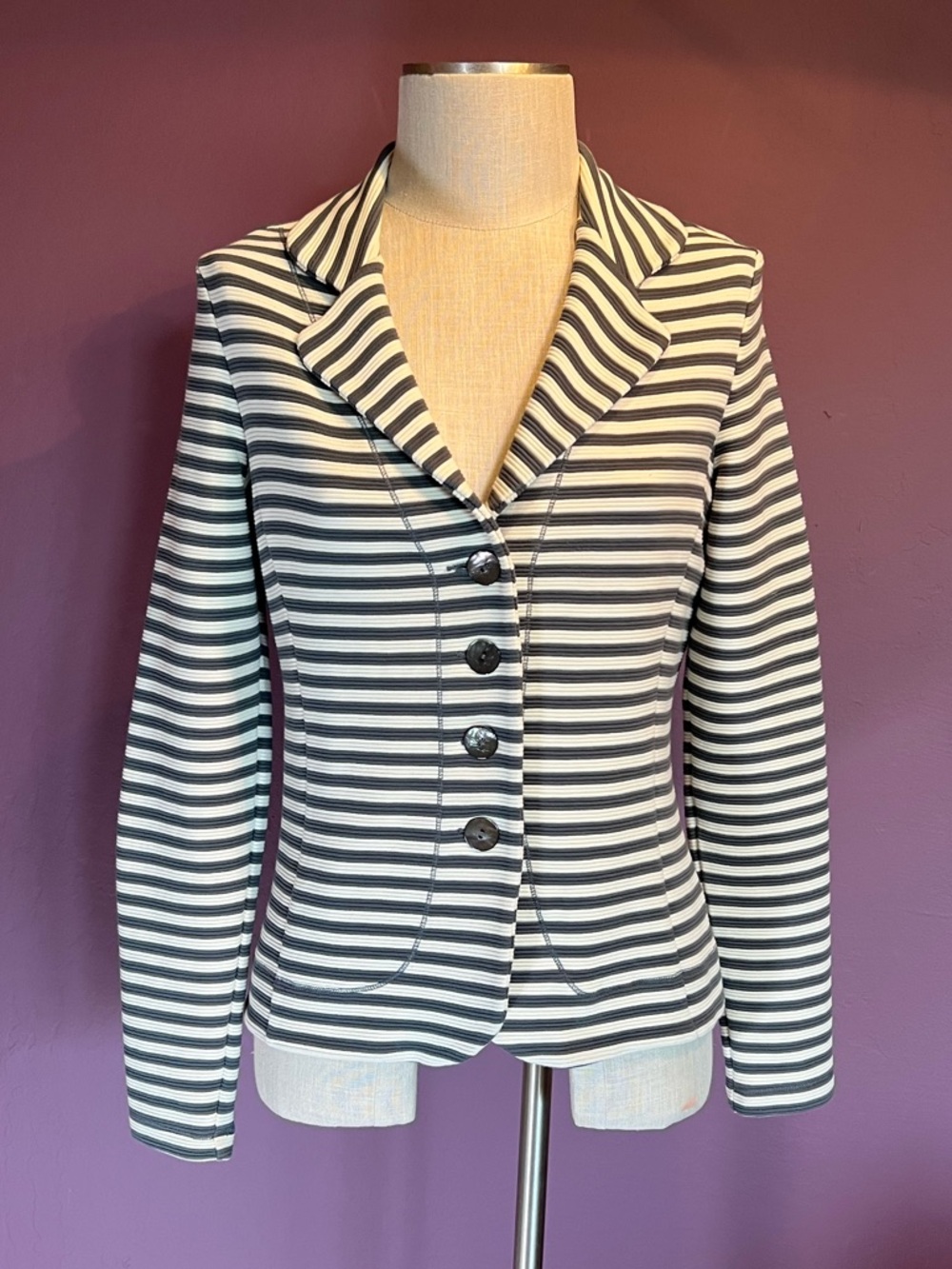 🩶Kyra & Ko Striped Charcoal & White Tailored Women's 100% Cotton Blazer